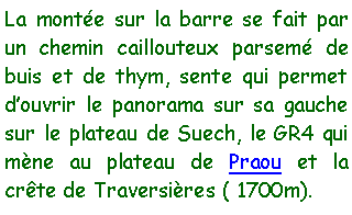 Zone de Texte: La montée sur la barre se fait par un chemin caillouteux parsemé de buis et de thym, sente qui permet d’ouvrir le panorama sur sa gauche sur le plateau de Suech, le GR4 qui mène au plateau de Praou et la crête de Traversières ( 1700m).