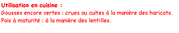 Zone de Texte: Utilisation en cuisine : Gousses encore vertes : crues ou cuites  la manire des haricots.
Pois  maturit :  la manire des lentilles. 